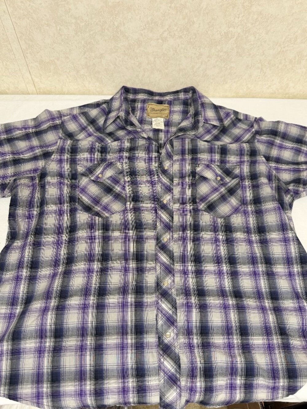 Wrangler Western Shirt Mens 2XL Big Purple Plaid Pearl Snap Cowboy Short Sleeve